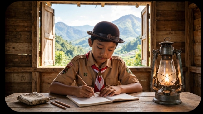 Ikrar Pramuka di Bawah Pelita: Refleksi 30 Juli untuk Anak Polman di 1.200 MDPL Anak Pramuka di Dusun Tandipura Polman belajar dengan lampu pelita di rumah kayu 1200 MDPL
